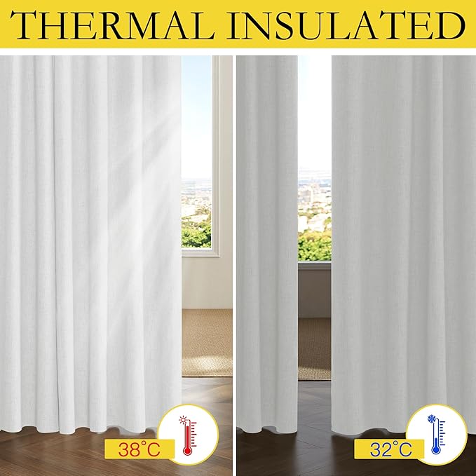NICETOWN 100% Absolutely Blackout Linen Curtains with Thermal Insulated Liner, Greyish White, 52" Wide, 63" Length Energy Saving Curtains for Living Room 2 Panels Set, Vertical Blinds