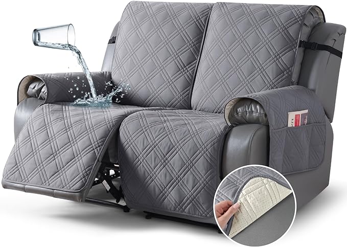 TAOCOCO 100% Waterproof Loveseat Recliner Cover, Non Slip Split Loveseat Covers for Reclining Loveseat with Elastic Straps, Washable Recliner Chair/Furniture Protector for Kids Pets(2 Seater, Gray)