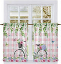 Spring Kitchen Curtains, Bicycles Leaves Butterfly Flowers Pink Buffalo Plaid by Unknown
