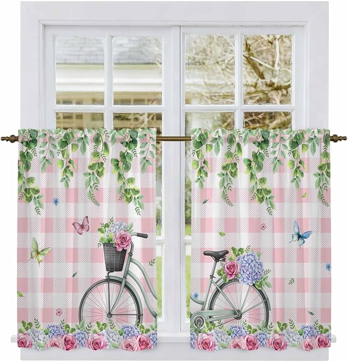 Spring Kitchen Curtains, Bicycles Leaves Butterfly Flowers Pink Buffalo Plaid by Unknown