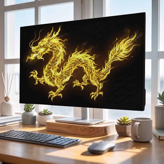 Watercolor Yellow Flames Dragons on Black Indoor TV Cover, Elastic TV Screen - Image 4