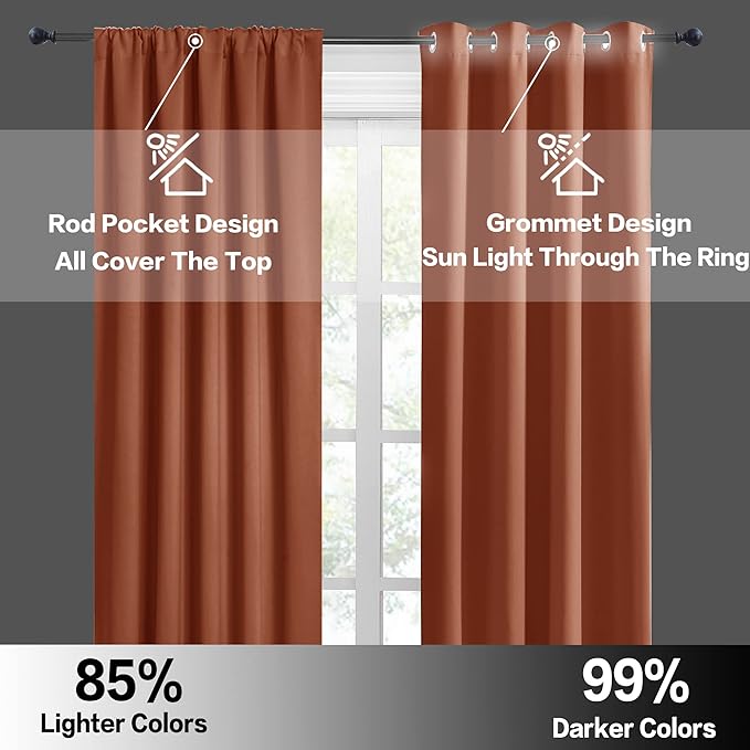 RYB HOME Blackout Bathroom Window Curtains, Short Thermal Insulated Heat Blocking Rod Pocket Half Window Curtain Tiers for Nursery Bedroom, Width 42 by Length 30, Burnt Orange, 2 Panels