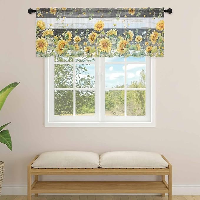 Summer Floral Sheer Valance Curtains, Watercolor Sunflower Eucalyptus Leaves - Image 4