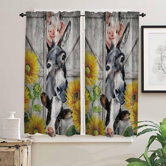 Farmhouse Bedroom Curtains 63 Inches length, Vintage Sunflowers Animals Printed - Image 2