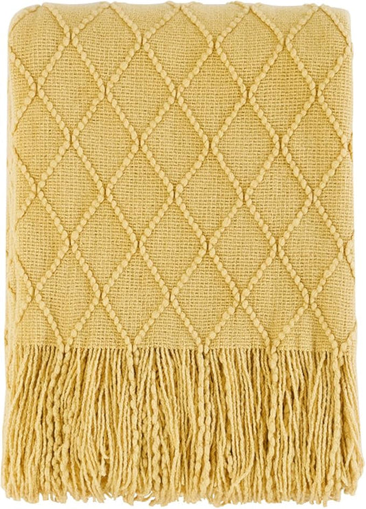 BOURINA Mustard Throw Blanket 50x60 Inches Throw Textured Solid Soft Sofa Couch Decorative Knit Blanket