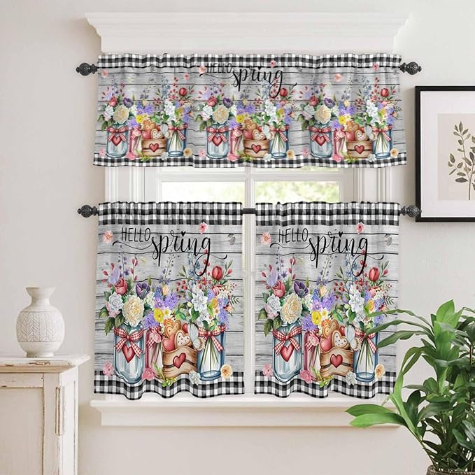 Spring Flowers Kitchen Curtain Set, Farmhouse Black Plaid Wood Grain Window - Image 2