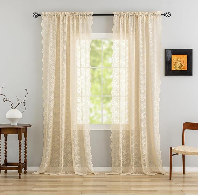 YJ YANJUN Vintage Lace Curtains 108 Inches Long-Victorian Floral Beige Sheer Curtains for Living Room Bedroom Light Filtering Drapes Farmhouse Boho 70s Home Decor 2 Panels W52 X L90 Light Beige