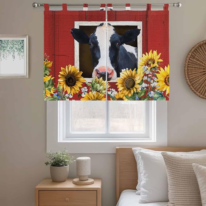 Cow Sunflowers Bedroom Curtains 63 Inch Length, Window Curtains Tab Top - Image 9