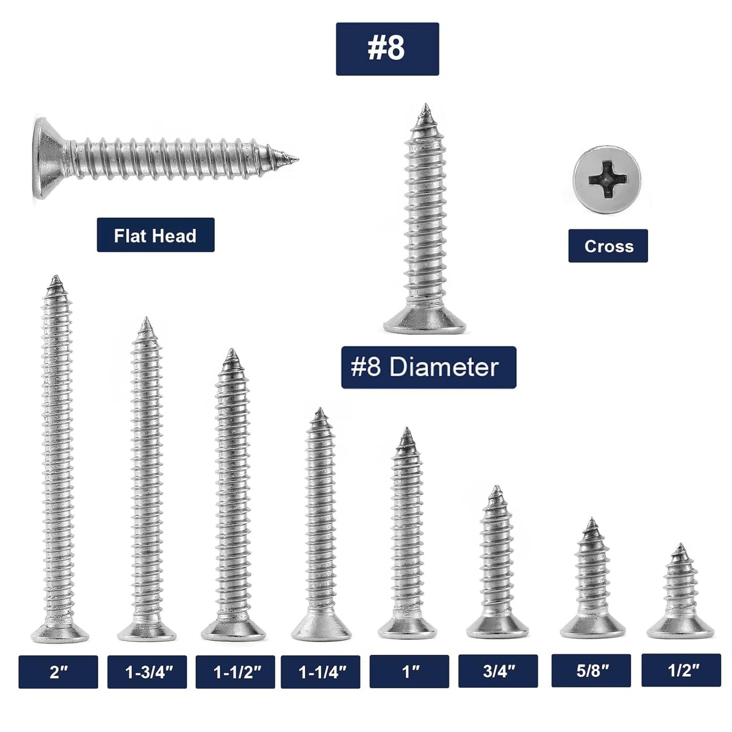 #8 x 1-1/4" Wood Screw 100Pcs 18-8 (304) Stainless Steel Screws Flat Head Phillips Fast Self Tapping Drywall Screws by SG TZH