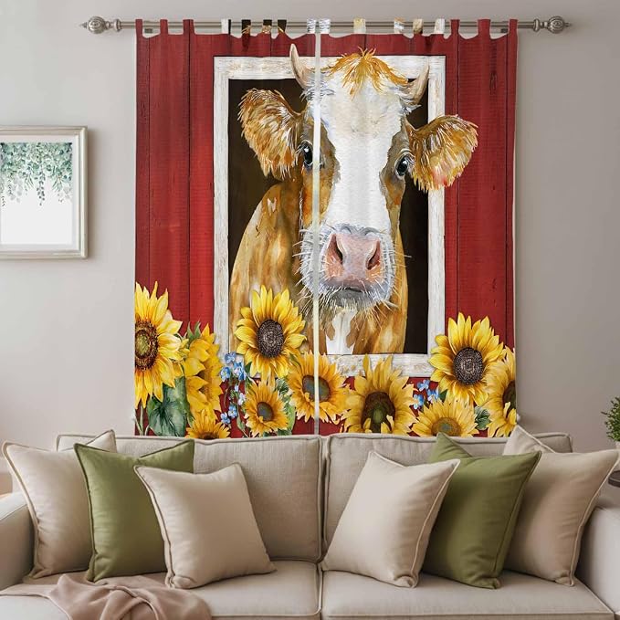 Cows Sunflowers Living Room Curtains 96 Inch Length, Window Curtains Tab Top - Image 3