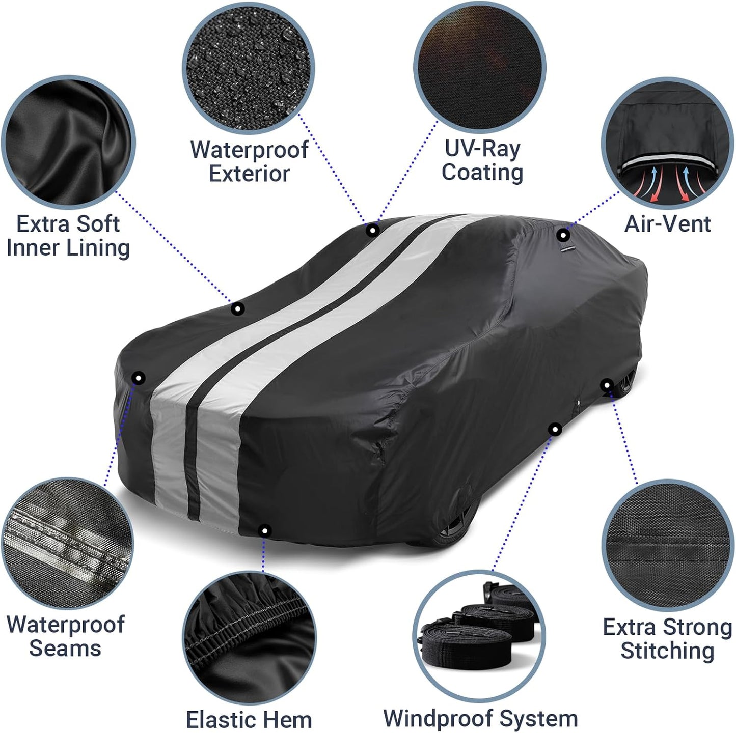 iCarCover Custom Car Cover for Chevy Caprice Wagon (1971-1976) Waterproof All Weather Rain Snow UV Sun Protector Full Exterior Indoor Outdoor Car Cover (Stripe - Black/Gray)
