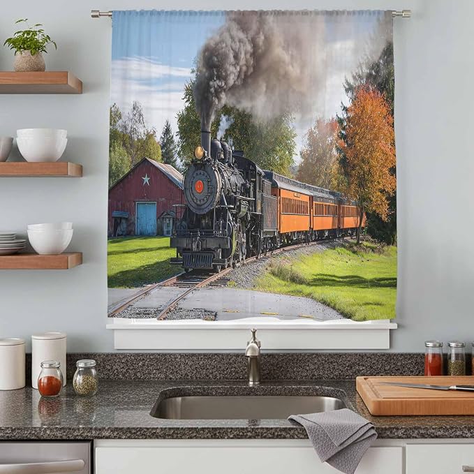 Steam Train Sheer Curtains 54 Inch Length Railroad Country Barn Rustic Trees - Image 8