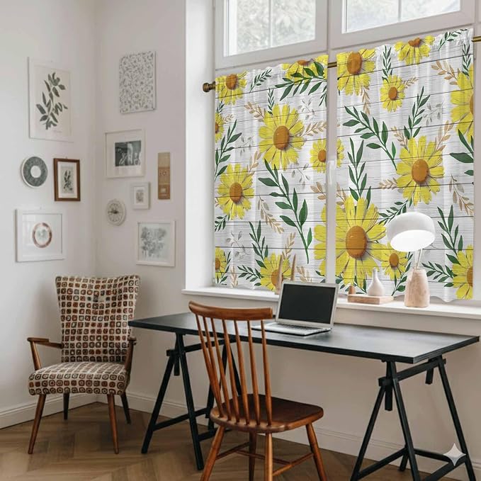 Yellow Daisy Kitchen Curtains, Farmhouse Country Flower Leaf Plant Wood Grain - Image 6
