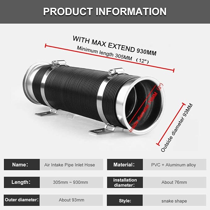 Sporacingrts Universal Multi Adjustable 77mm Flexible Cold Air Intake Pipe - Image 2