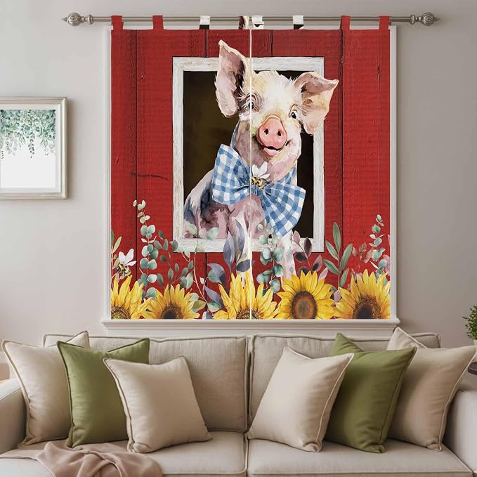 Pig Sunflowers Bathroom Curtains 63 Inch Length, Window Curtains Tab Top - Image 9