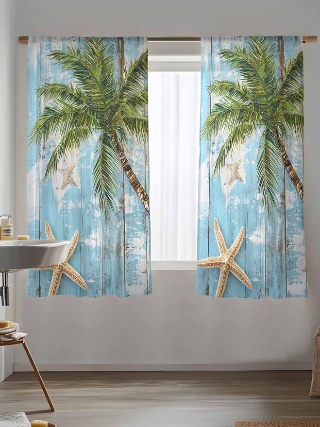 Sheer Curtains 72 Inches Long, Coastal Beach Blue Semi Sheer Curtains Light - Image 5
