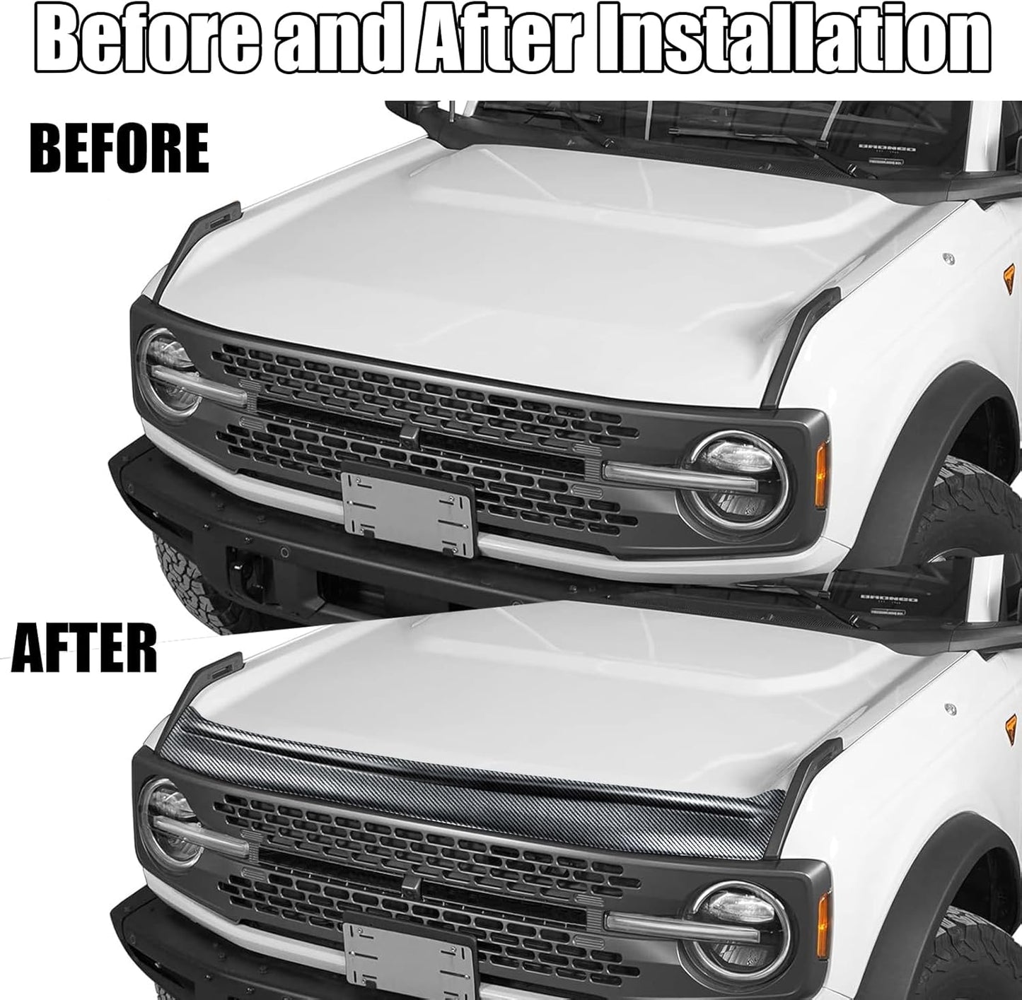 Hood Deflector Hood Protector Compatible with Ford Bronco 2/4 2024 2023 2022 2021 Gloss Carbon Fiber Hood Protector Bug Deflector Stone Guard(Not for Bronco Sports)