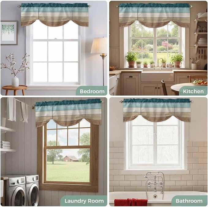 Teal Brown Tie Up Valance Curtains - Image 8