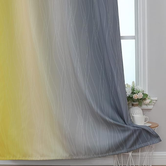 Estelar Textiler Ombre Grey and Yellow Blackout Curtains 72 Inch Length 2 Panels, Full Light Blocking Curtains for Living Room,Grommet Thermal Insulated Gradient Drapes for Bedroom, 52x72 Inch