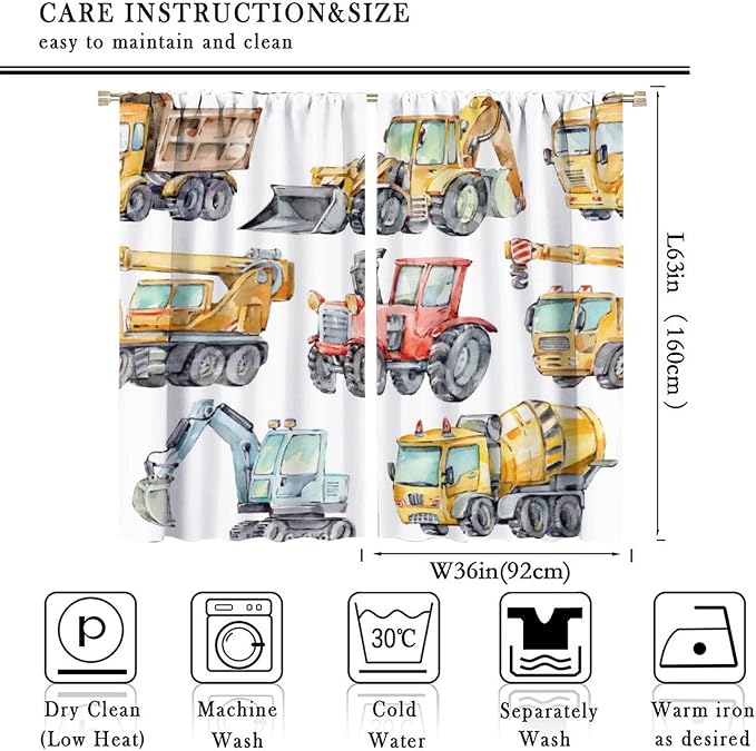 Kids Excavator Curtains, Retro Truck Tractor Machinery Construction Vehicle - Image 4