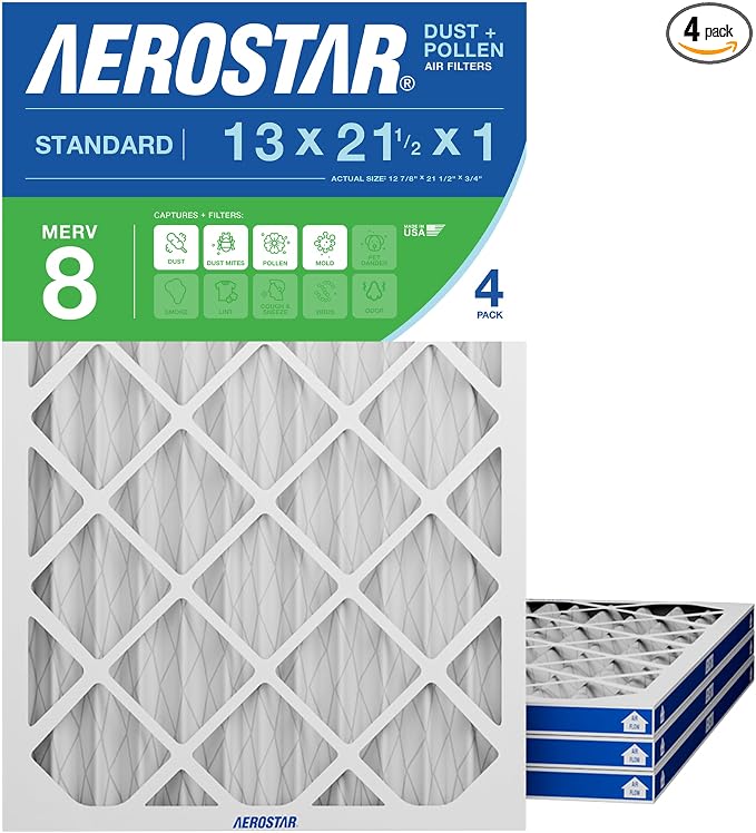 Aerostar 13x21.5x1 MERV 8 Pleated Air Filter, 4 Pack, AC Furnace Filters by AirFiltersDelivered