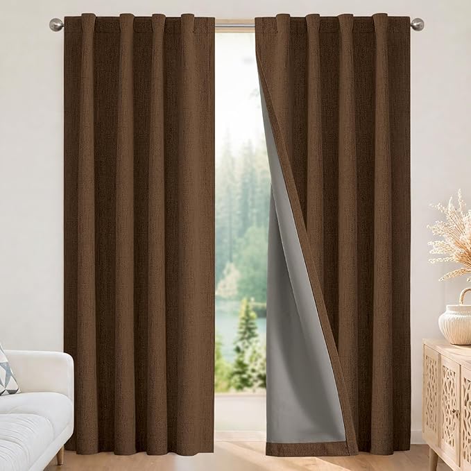 Joydeco Linen Blackout Curtains for Bedroom - 100% Light Blocking 1 Panels, Cappuccino Drapes 70" W x 108" L, Thermal Insulated Room Darkening Curtains for Living Room, Rod Pocket & Back Tabs