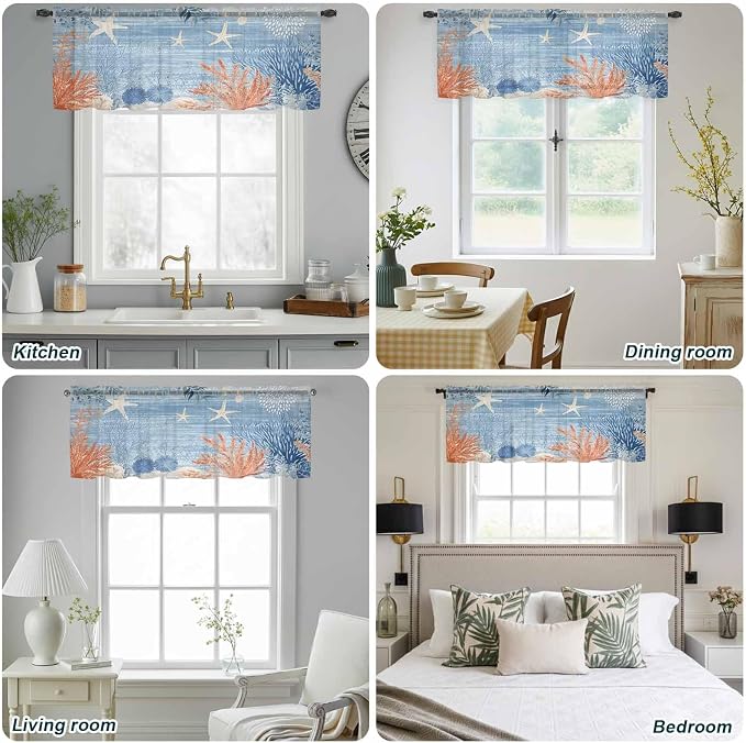 Ocean Corals Sheer Valance Curtains, Summer Beach Coral Sea Stars Blue Stripes - Image 9