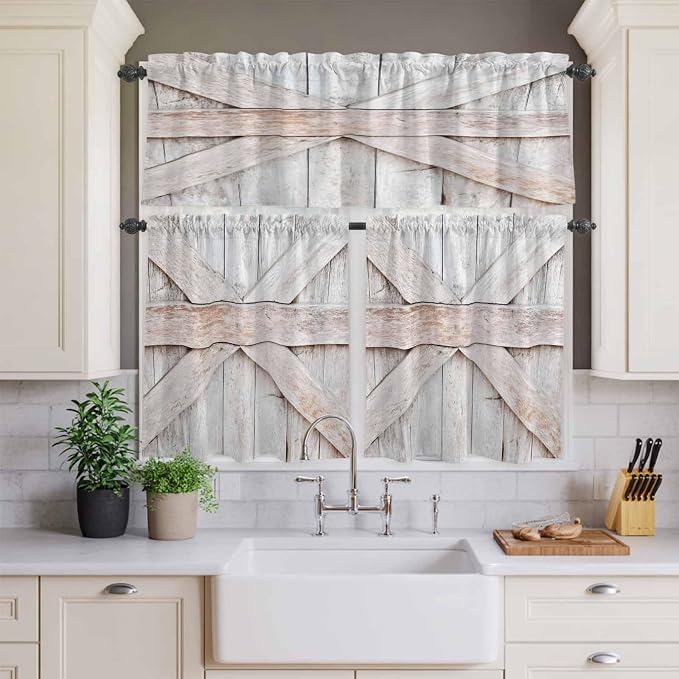 Kitchen Window Curtains Valance and Tier Set, Farmhouse Retro Wooden Barn Rod - Image 3
