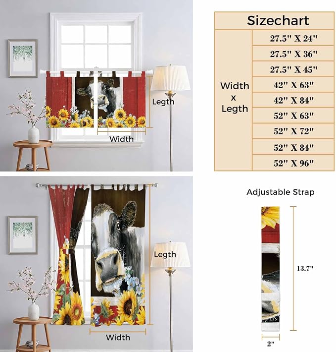 Cows Sunflowers Kitchen Curtains 24 Inch Length, Small Window Curtains Tab Top - Image 8