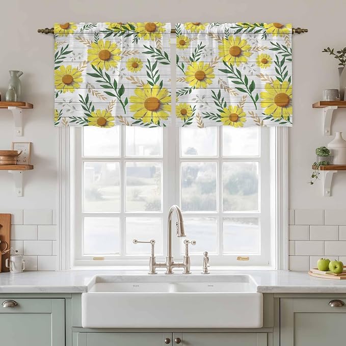 Yellow Daisy Tier Curtains, Farmhouse Country Flower Leaf Plant Wood Grain - Image 2