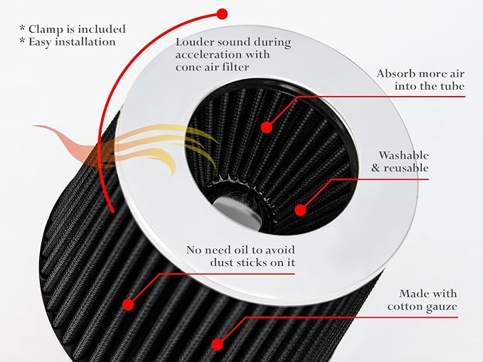 Rtunes Racing Universal Clamp-On Air Intake Filter Dry Washable Cone Air Filter - Image 5