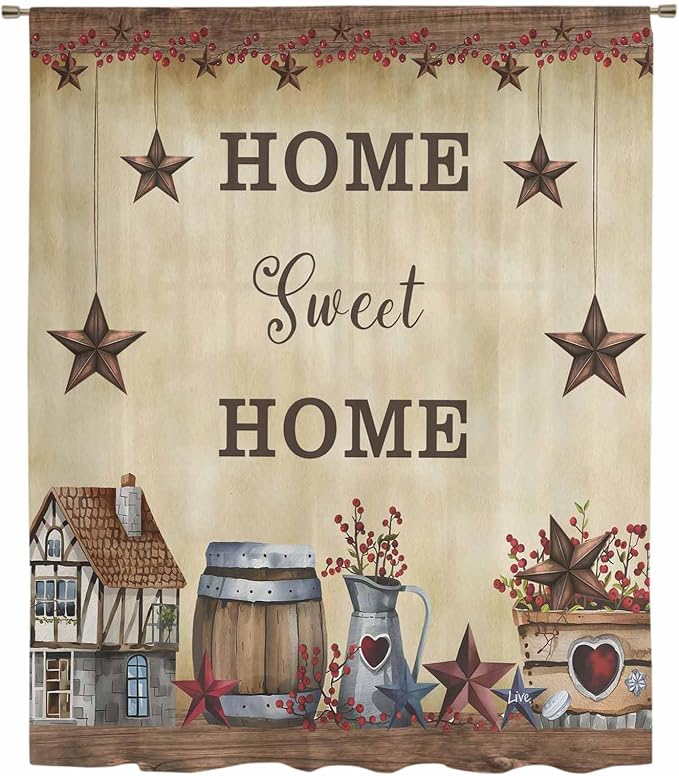 Farm Sheer Curtains 96 Inch Length American Country Barn Star Vintage Berry - Image 6