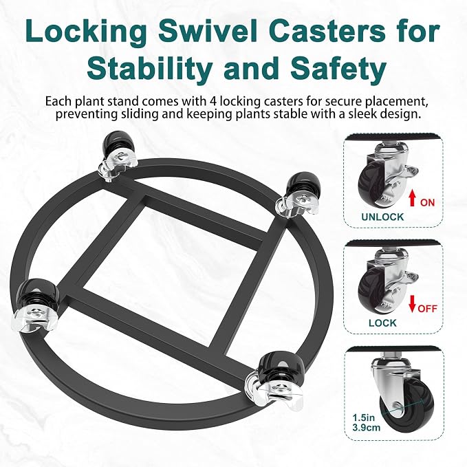 2 Pack Metal Plant Caddy with Wheels, Plant Stand with 360° Lockable Casters - Image 2