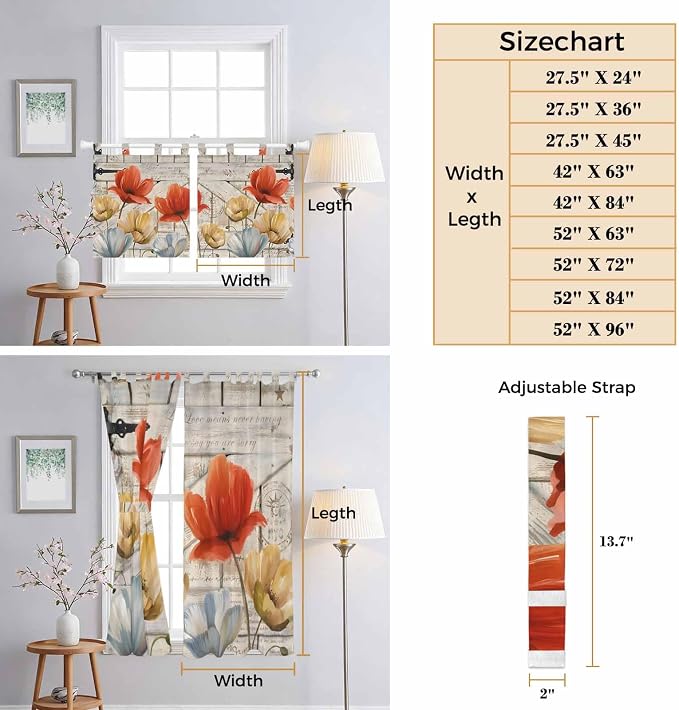 Retro Floral Kitchen Curtains 24 Inch Length, Small Window Curtains Tab Top - Image 8