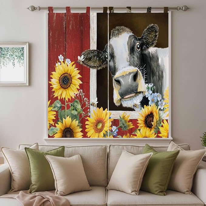 Cows Sunflowers Living Room Curtains 84 Inch Length, Window Curtains Tab Top - Image 9