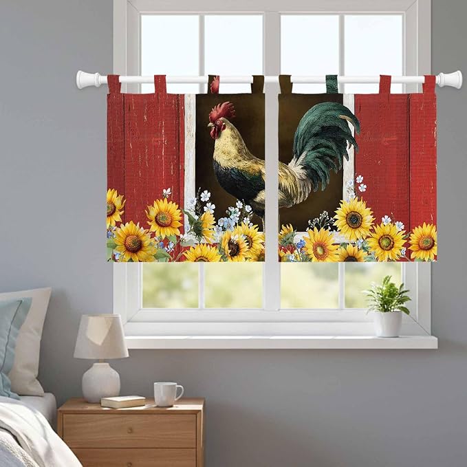 Chicken Sunflowers Kitchen Curtains 36 Inch Length, Small Window Curtains Tab - Image 9
