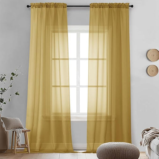 OVZME Gold Sheer Curtains 96 Inches Long 2 Panels - Soft Light Filtering Window Sheer Panels for Living Room/Bedroom, Top Dual Rod Pocket, 1 Pair, Each 42Wx96L Inches