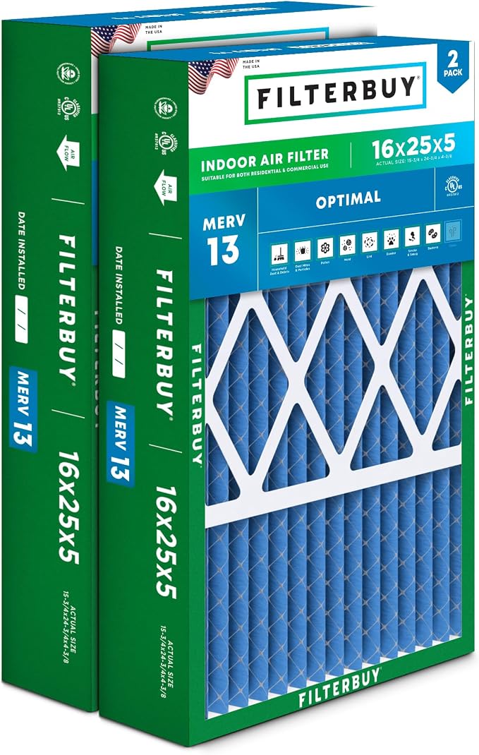 Filterbuy 16x25x5 Air Filter MERV 13 Optimal Smoke & Allergy Defense, Pleated by Filterbuy