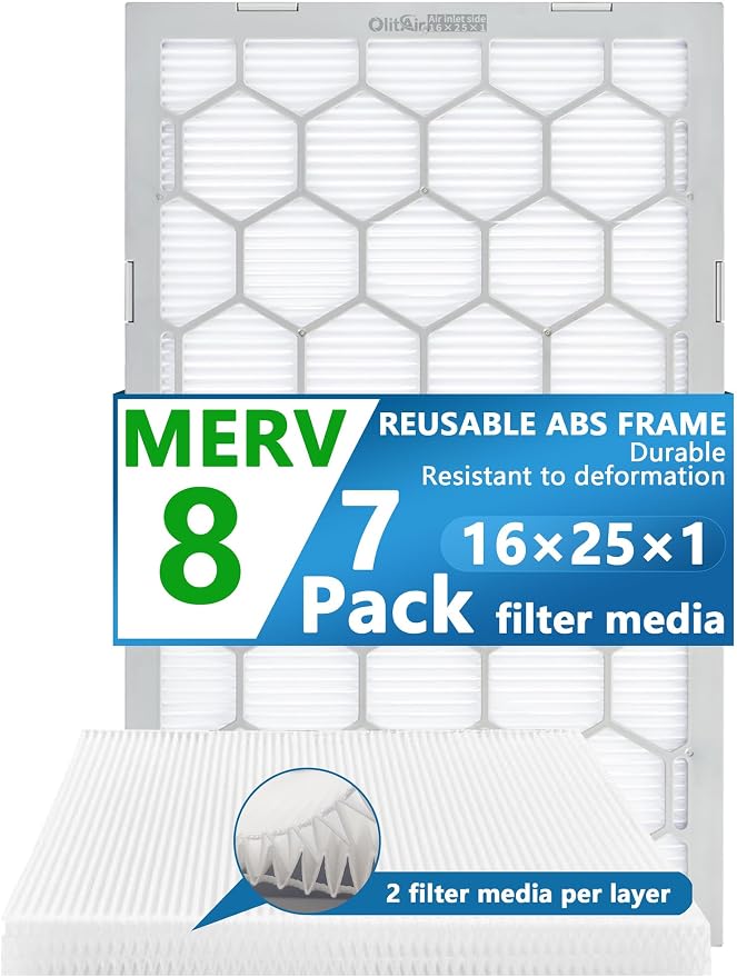 16x25x1 MERV 8 Air Filter, AC Furnace Air Filter, Reusable ABS Plastic Frame by OlitAir