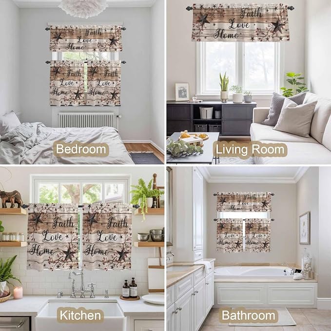 Kitchen Curtains Tiers and Valance Set of 3, Rustic Star Brown Light Filtering - Image 7
