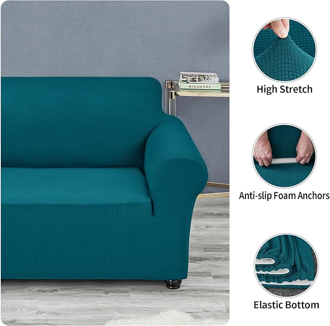 Joccun Stretch Couch Cover Slipcovers, 1-Piece Sofa Covers for 3 Cushion Couch Spandex Jacquard Washable Furniture Protector Cover for Living Room,Kids,Pets(Sofa,Peacock Blue)