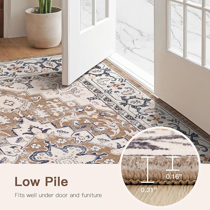 Lofus 9x12 Area Rugs for Living Room, Washable Area Rug, Rugs for Bedroom, Kitchen, Vintage Boho Carpet, Soft Non-Slip, Low Pile Large Area Rug for Office Dining Room, Floral Brown