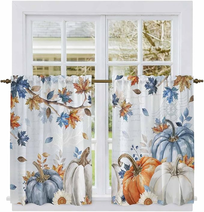 Fall Blue Maple Kitchen Curtains 54 Inch Long 2 Panel Set, Rod Pocket Window - Image 2