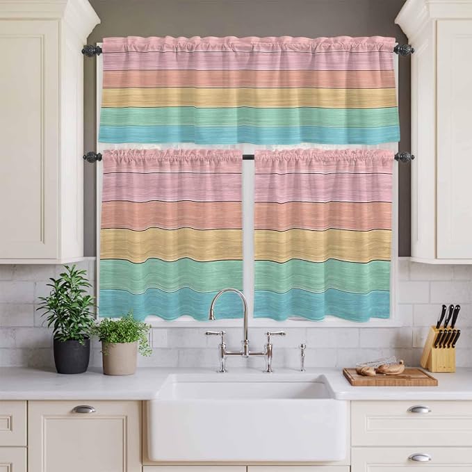 Kitchen Window Curtains Valance and Tier Set, Farm Colorful Wooden Plank Rod - Image 3