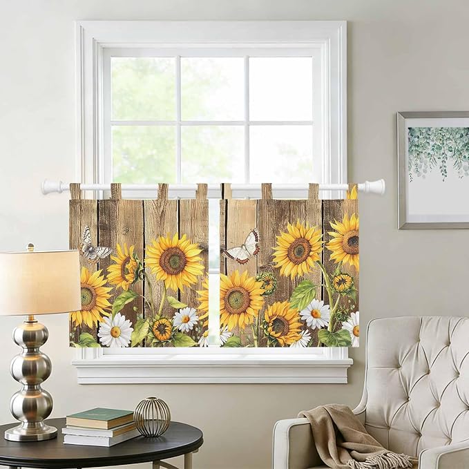 Farmhouse Sunflowers Kitchen Curtains 24 Inch Length, Small Window Curtains Tab - Image 2