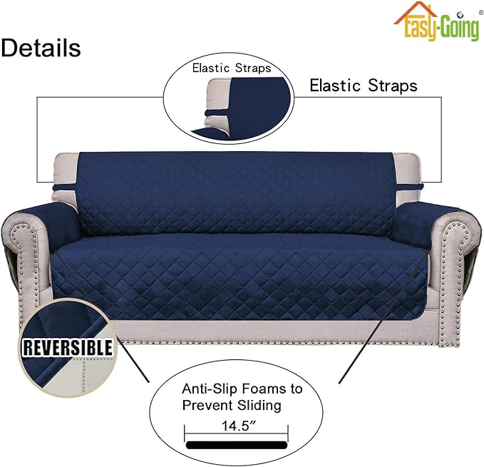 Easy-Going Reversible Loveseat Couch Cover for 2 Cushion Couch Sofa Cover for Dogs Water Resistant Furniture Protector with Foam Sticks Elastic Straps for Pet (Loveseat, Navy/Ivory)