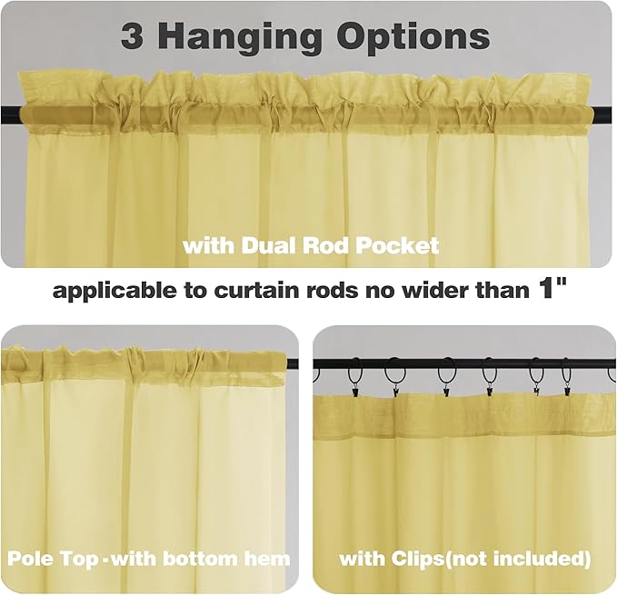 Chyhomenyc Mustard Yellow Short Sheer Curtains 36 inch Length, Light Filtering Half Window Curtians for Kitchen, Elegant Small Curtain for Basement Bathroom Cabinet, 42Wx36L inches, 2 Panels