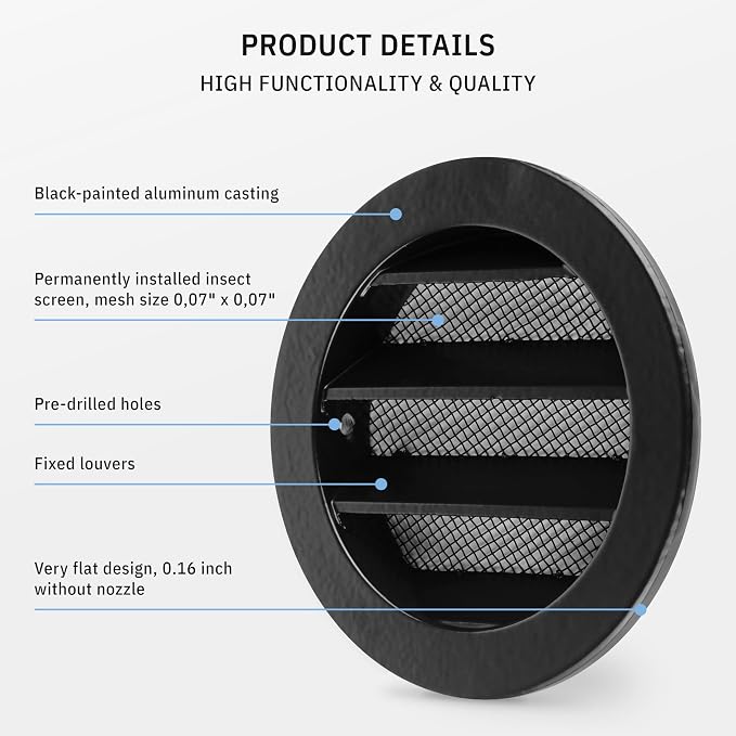 calimaero® WSGB 3" Inch Black Round Metal Air Vent Grill Cover Flat Louver - Image 4