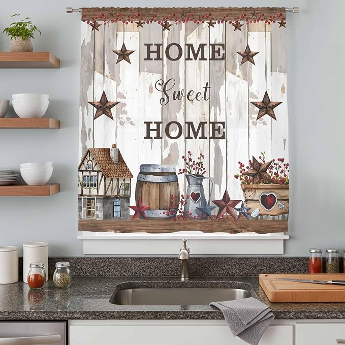Farmhouse Sheer Curtains 72 Inch Length Retro Country Star Berry Vintage Wood - Image 8