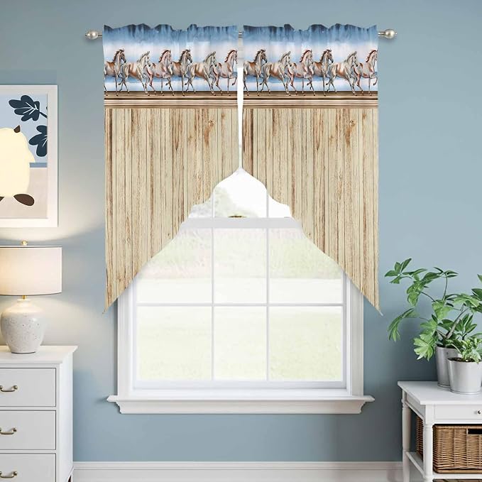 Western Horse Swag Valances for Windows, Farmhouse Wooden Grain Vintage Cowboy - Image 6
